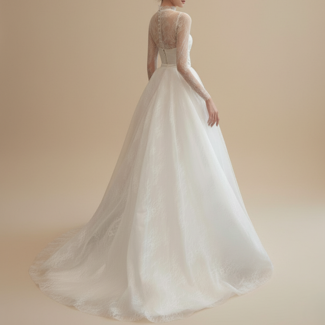 Lace Long Sleeve Satin Wedding Dress with Detachable Overskirt – 2-in-1 A-line Bridal Gown