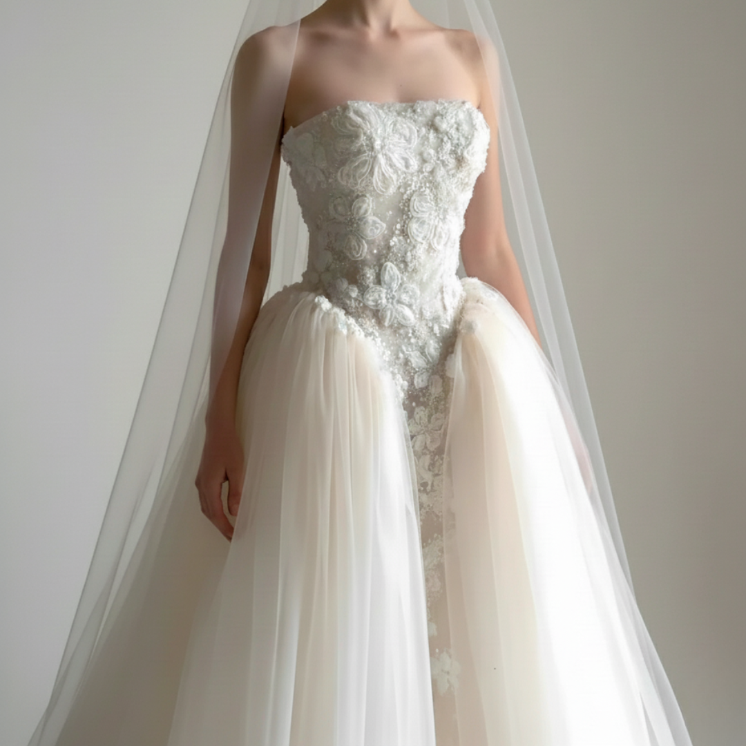 Strapless Lace Ball Gown with Layered Tulle Overskirt – Timeless Couture Elegance | Silque Brida