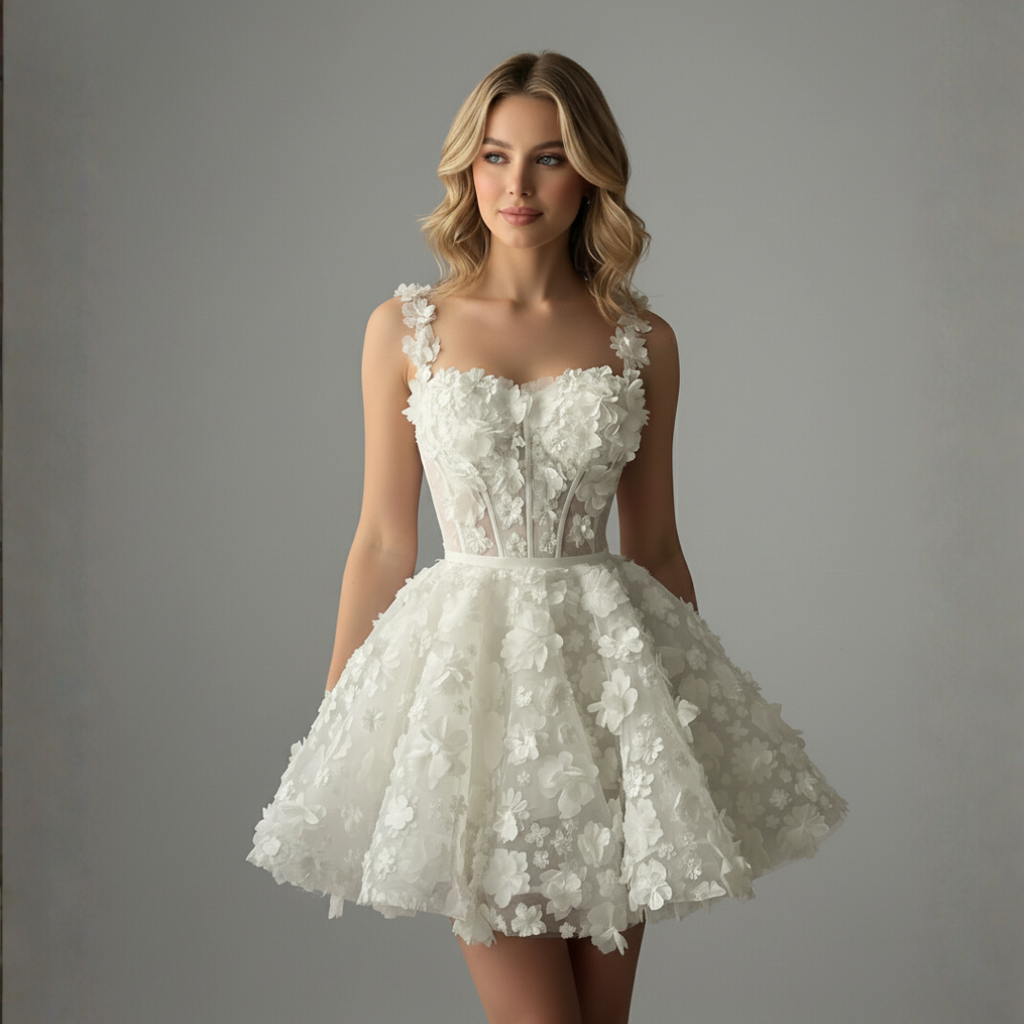 3D Floral Mini Corset Wedding Dress – Short Lace Bridal After-Party Gown | Silque Mini Bridal Couture Collection