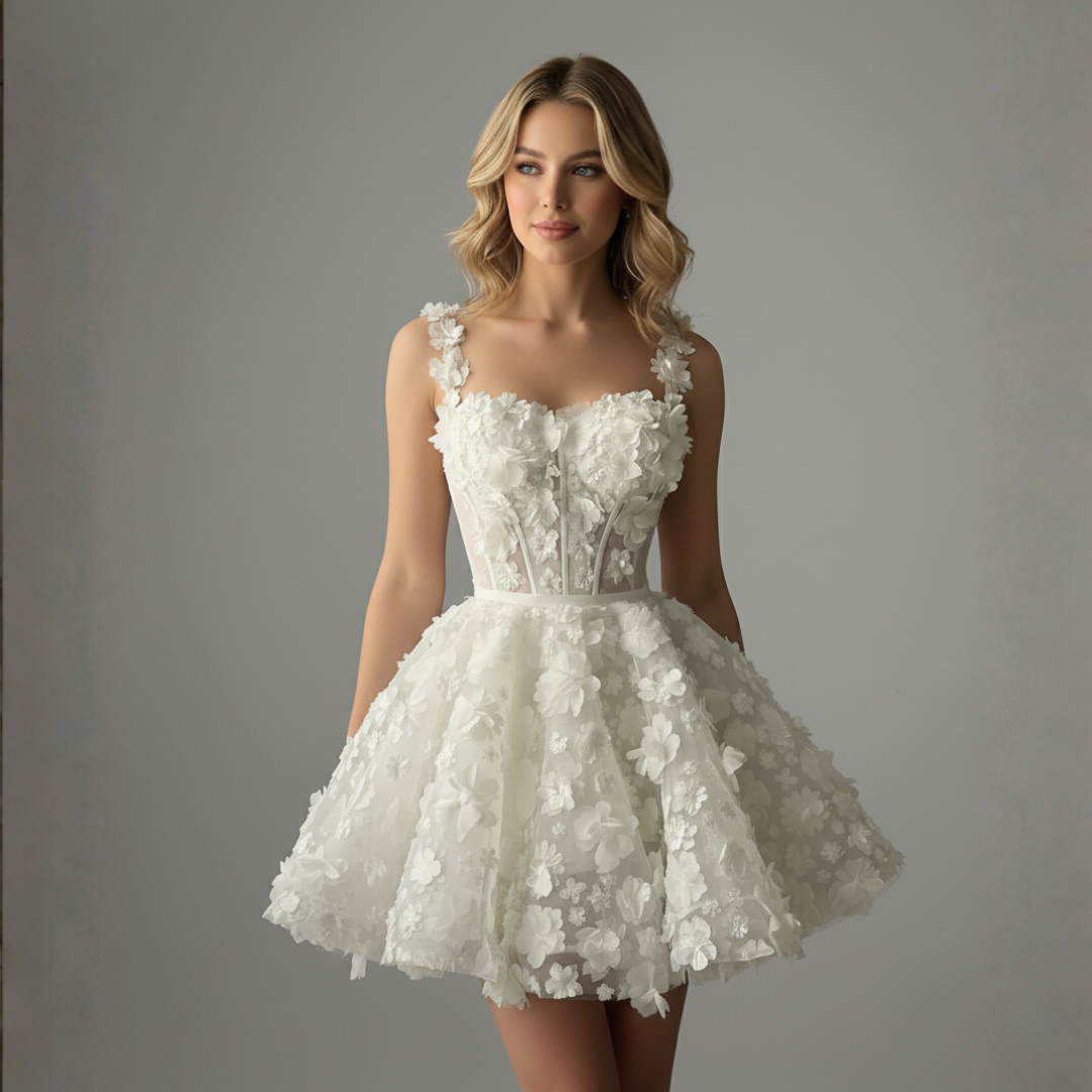 3D Floral Mini Corset Wedding Dress – Short Lace Bridal After-Party Gown | Silque Mini Bridal Couture Collection