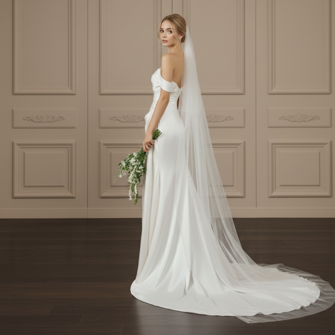 Off Shoulder Satin Wedding Dress – Simple Minimalist Fit and Flare Bridal Gown | Silque Bridal
