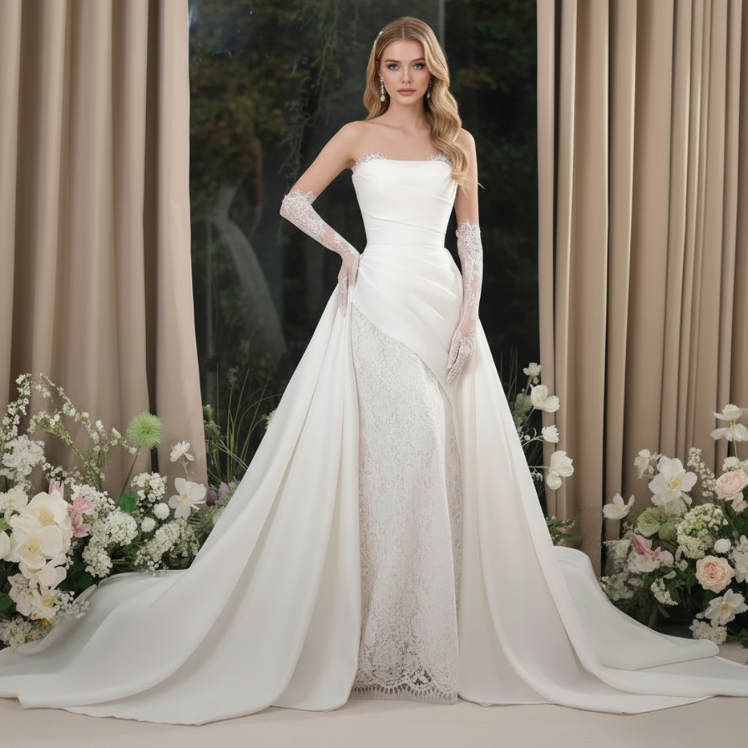 2-in-1 Satin and Lace Fit and Flare Wedding Dress with Detachable Overskirt – Modern Romantic Gown | Silque Bridal Couture