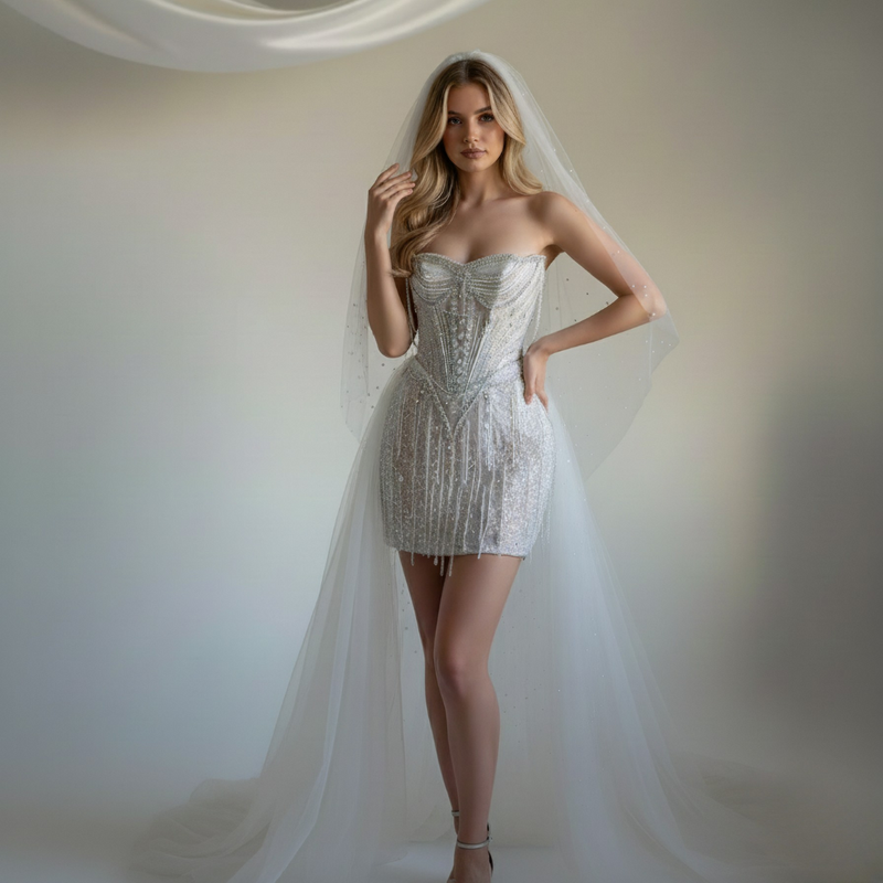 2-in-1 Beaded Corset Mini Wedding Dress with Detachable Train