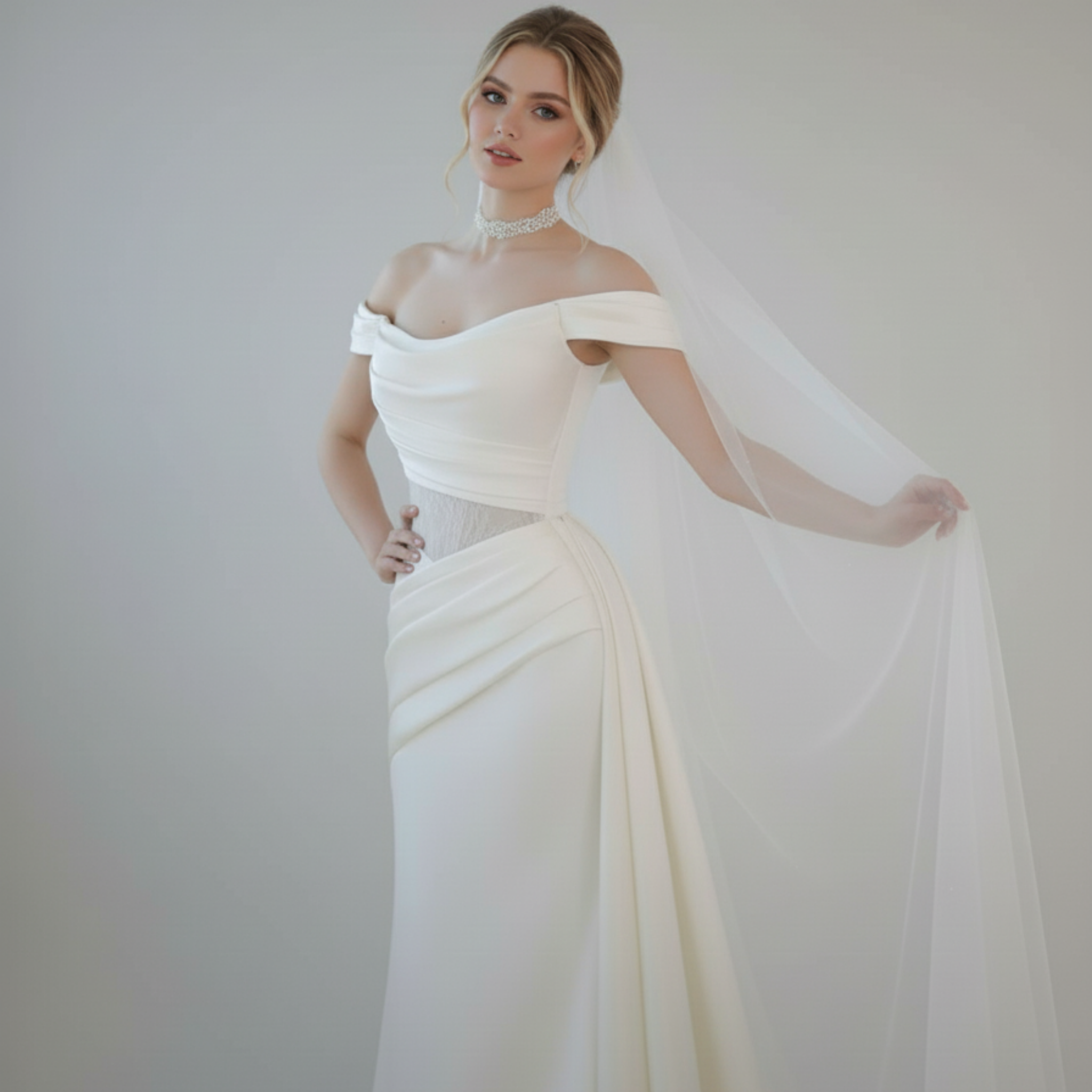 Off-Shoulder Draped Fit and Flare Wedding Dress with Detachable Train | Silque Bridal