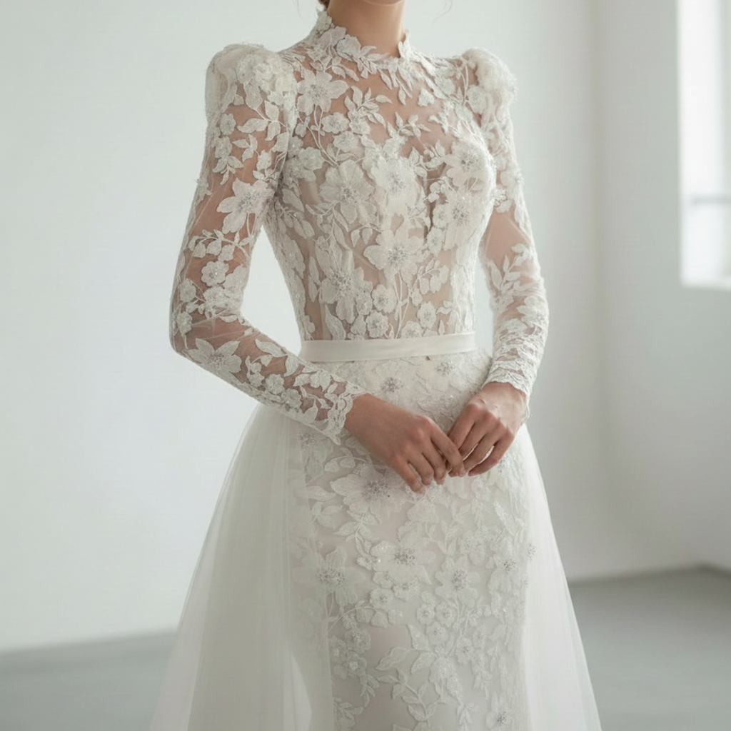 Long Sleeve Lace Mermaid Wedding Dress with Overskirt – Elegant High Neck Bridal Gown | Silque Bridal