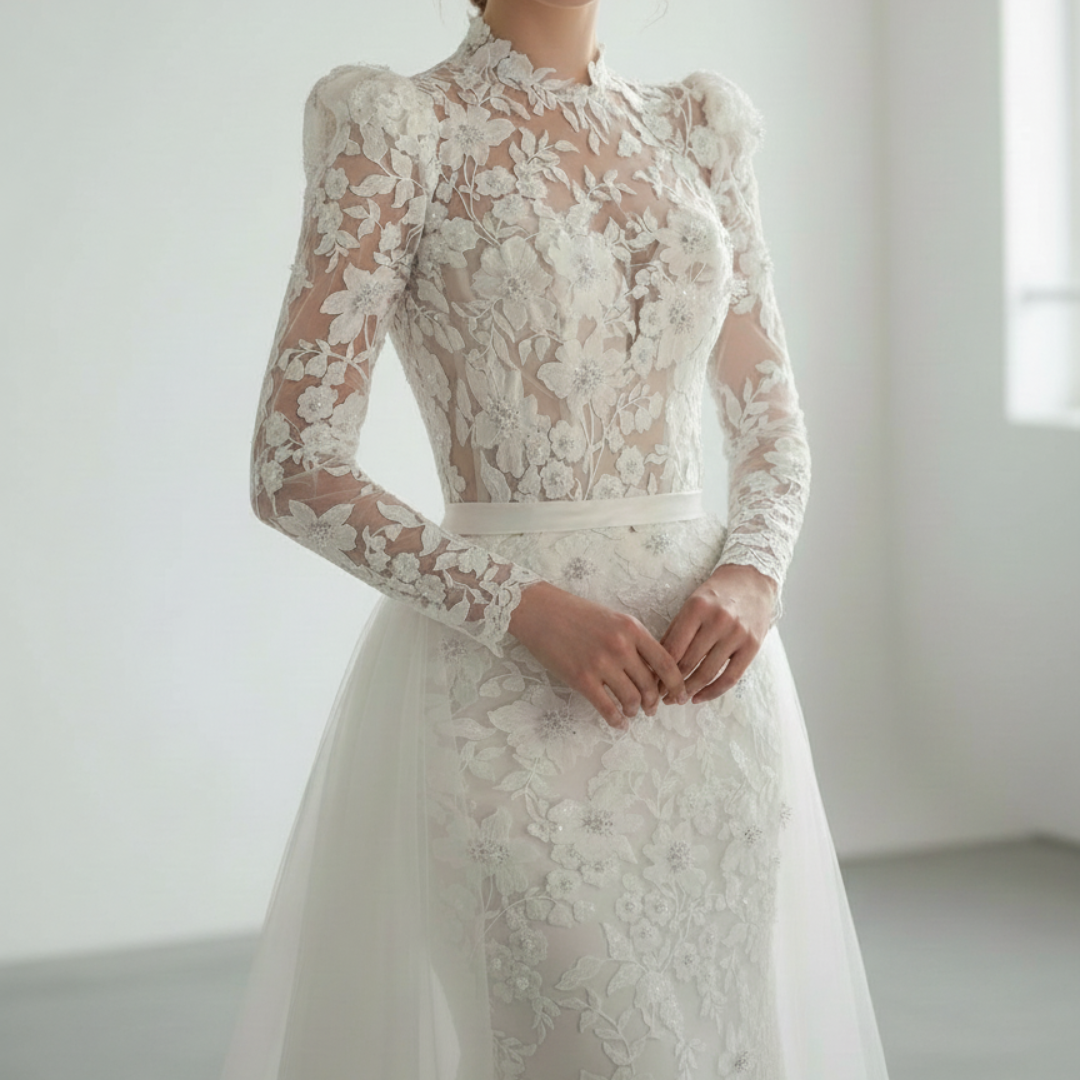 Long Sleeve Lace Mermaid Wedding Dress with Overskirt – Elegant High Neck Bridal Gown | Silque Bridal