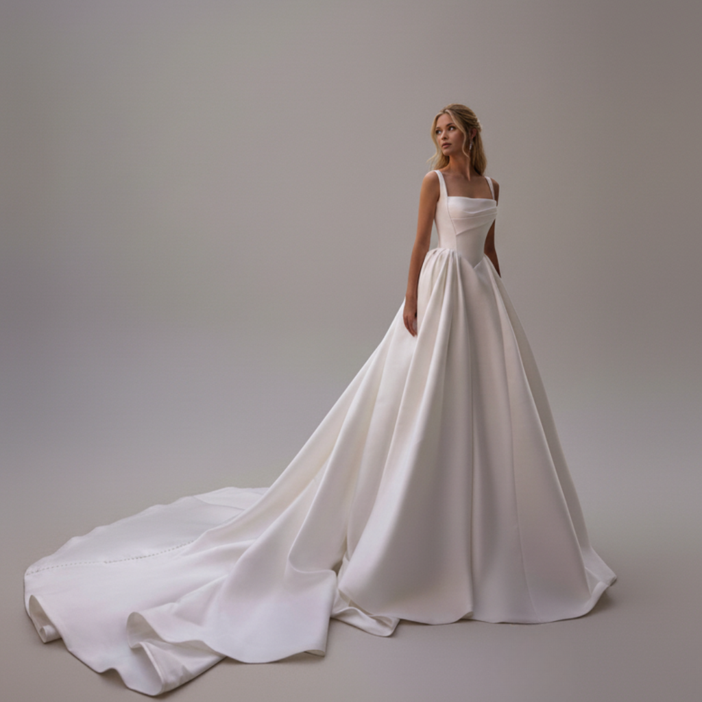 Minimalist Satin Ball Gown Wedding Dress with Square Neckline & Chapel Train | Silque Bridal