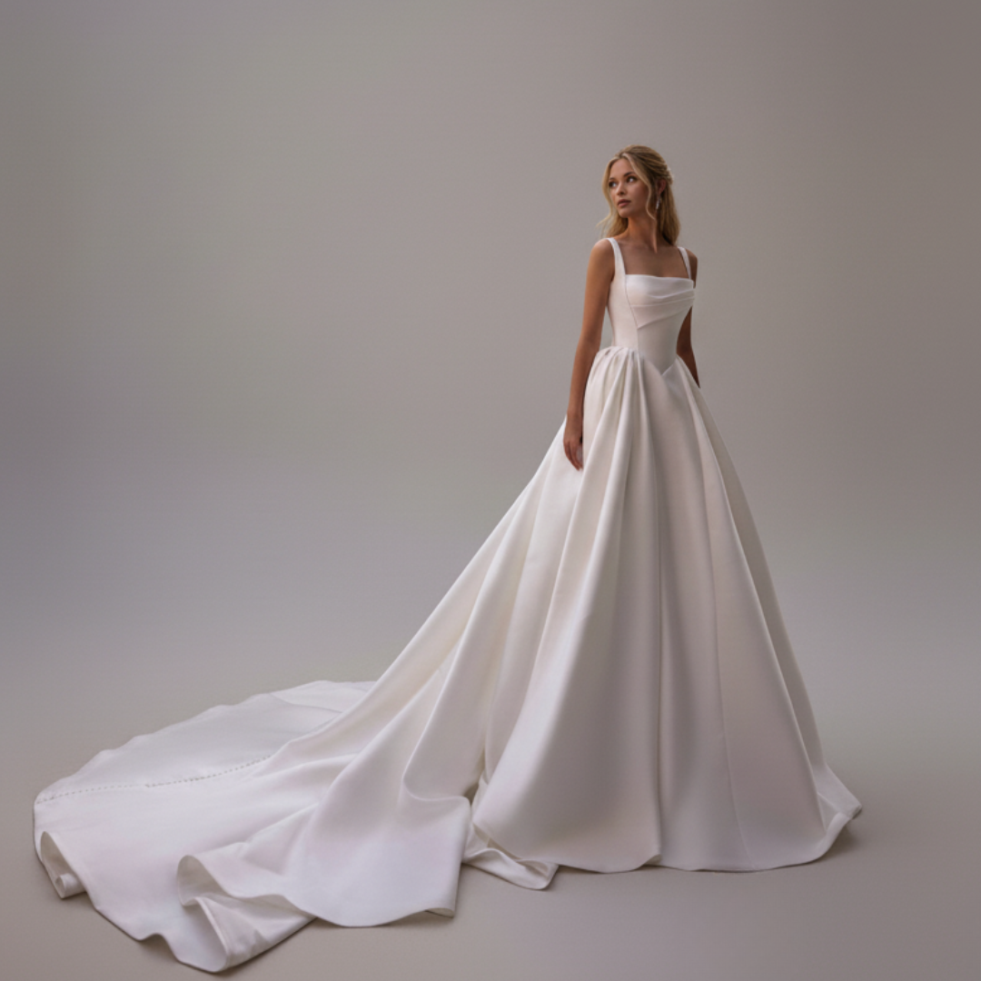 Minimalist Satin Ball Gown Wedding Dress with Square Neckline & Chapel Train | Silque Bridal