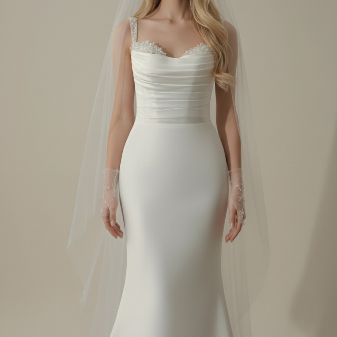 2-in-1 Satin Fit and Flare Wedding Dress with Detachable Overskirt – Modern Minimalist Bridal Gown | Silque Luxury Collection