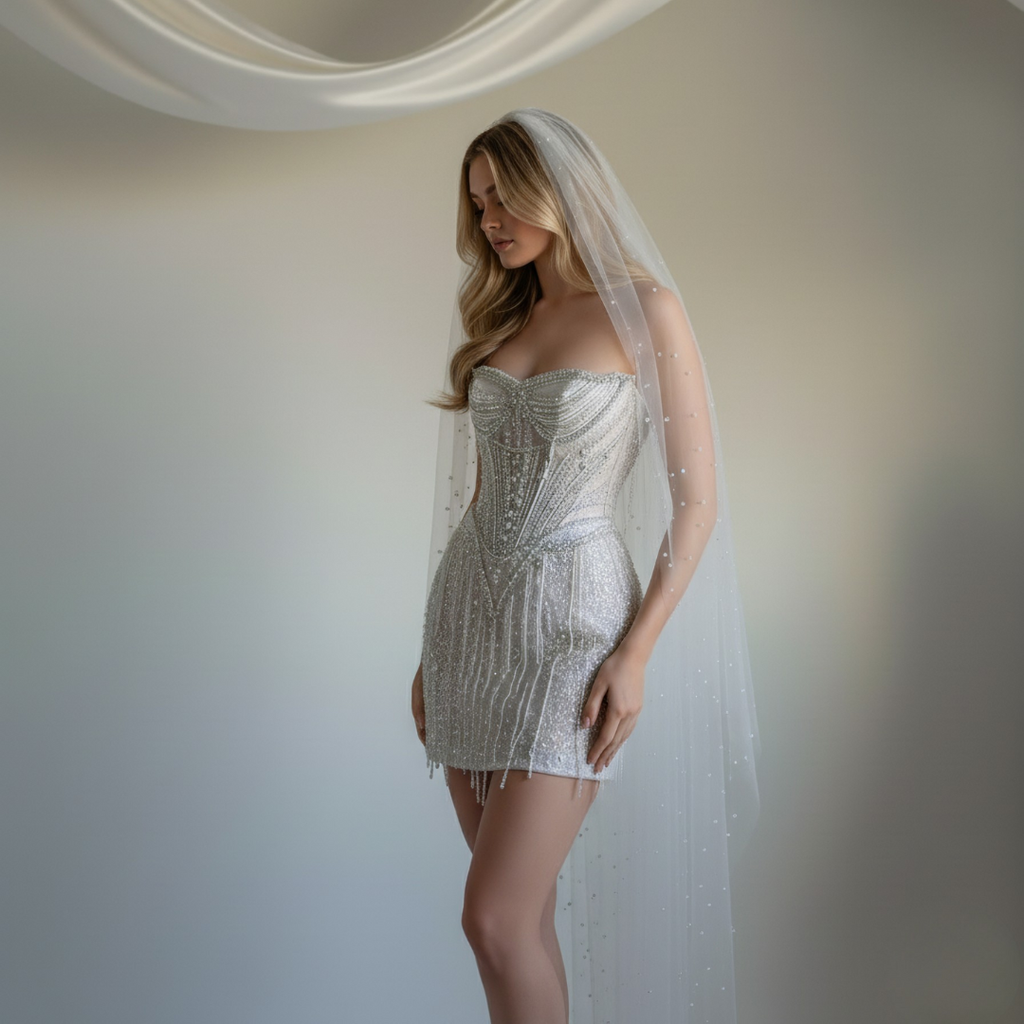 2-in-1 Beaded Corset Mini Wedding Dress with Detachable Train
