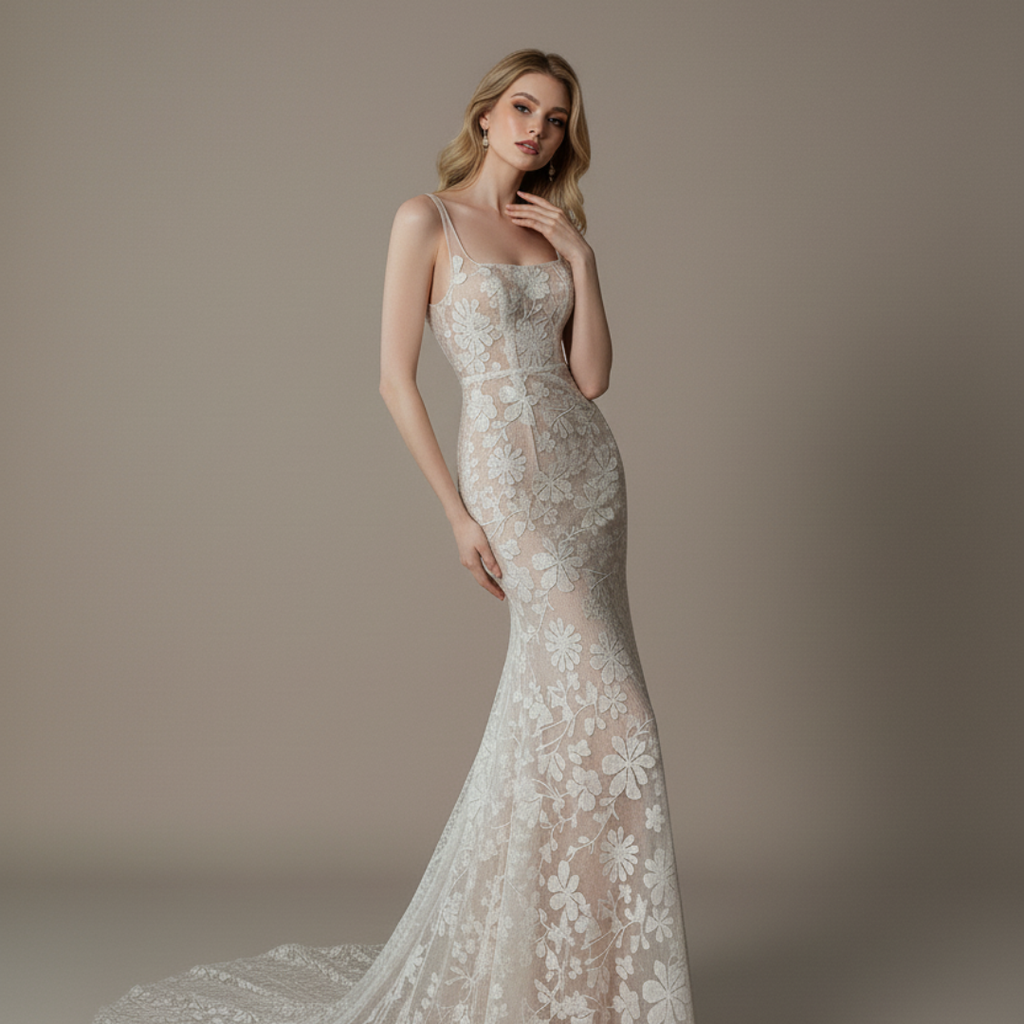 Floral Lace Corset Mermaid Wedding Dress – Sheer Nude Lined Bridal Gown