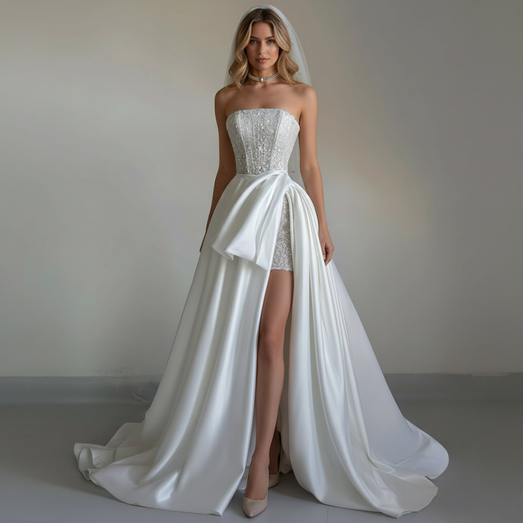 2-in-1 beaded mini corset gown with a detachable satin overskirt — elegant, modern, and couture-crafted for the confident Silque bride.