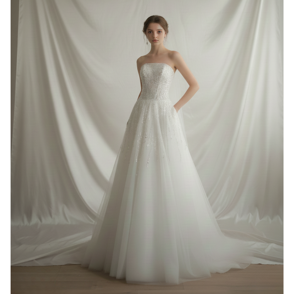Strapless Sparkle A-Line Wedding Dress – Elegant Beaded Tulle Bridal Gown | Silque Bridal