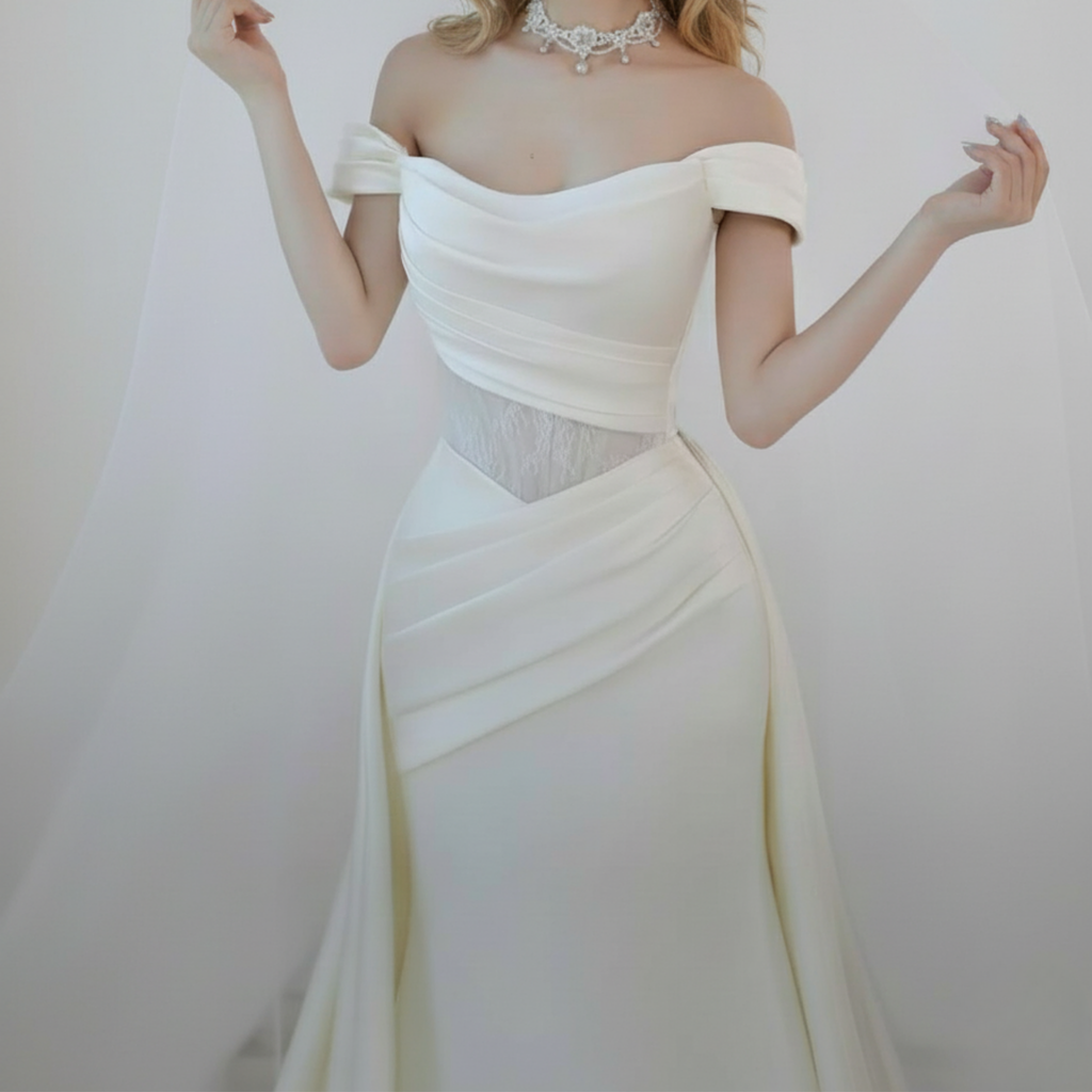 Off-Shoulder Draped Fit and Flare Wedding Dress with Detachable Train | Silque Bridal