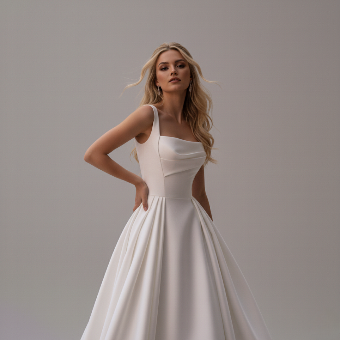 Minimalist Satin Ball Gown Wedding Dress with Square Neckline & Chapel Train | Silque Bridal
