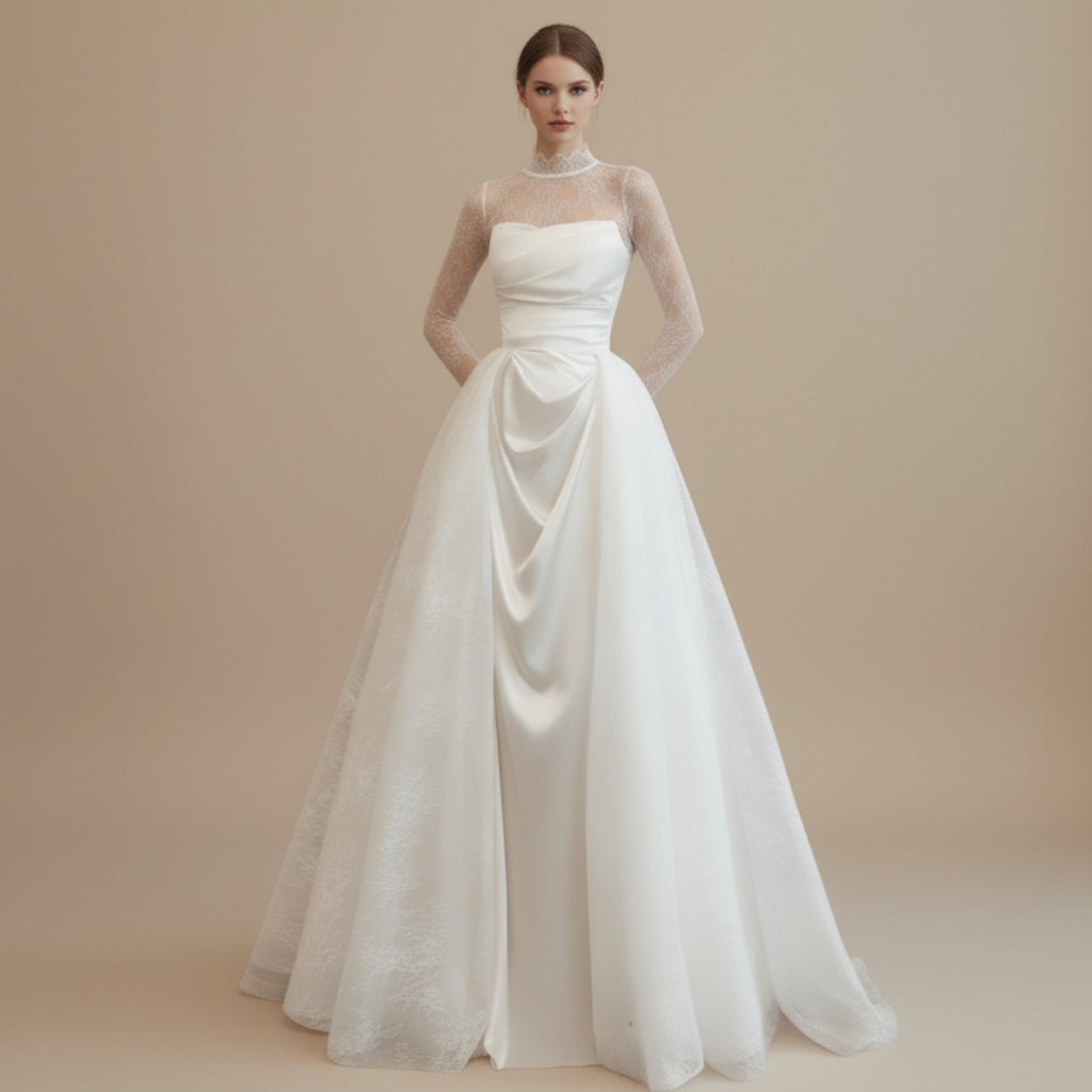 Lace Long Sleeve Satin Wedding Dress with Detachable Overskirt – 2-in-1 A-line Bridal Gown