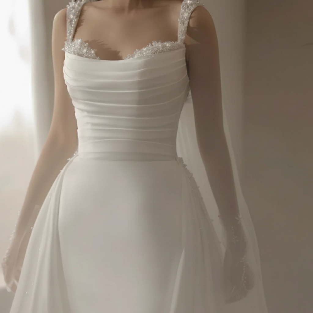 2-in-1 Satin Fit and Flare Wedding Dress with Detachable Overskirt – Modern Minimalist Bridal Gown | Silque Luxury Collection