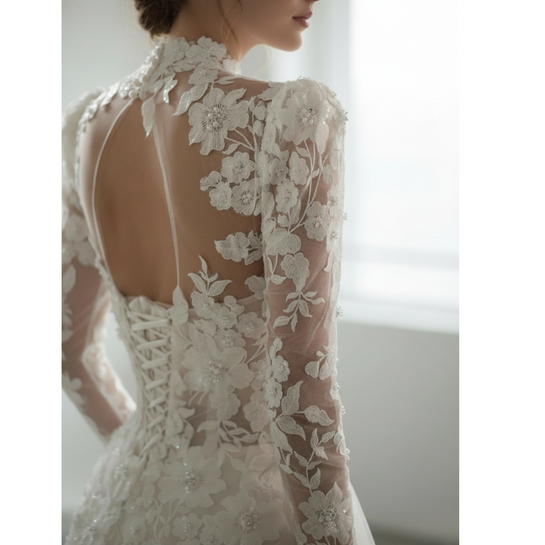 Long Sleeve Lace Mermaid Wedding Dress with Overskirt – Elegant High Neck Bridal Gown | Silque Bridal