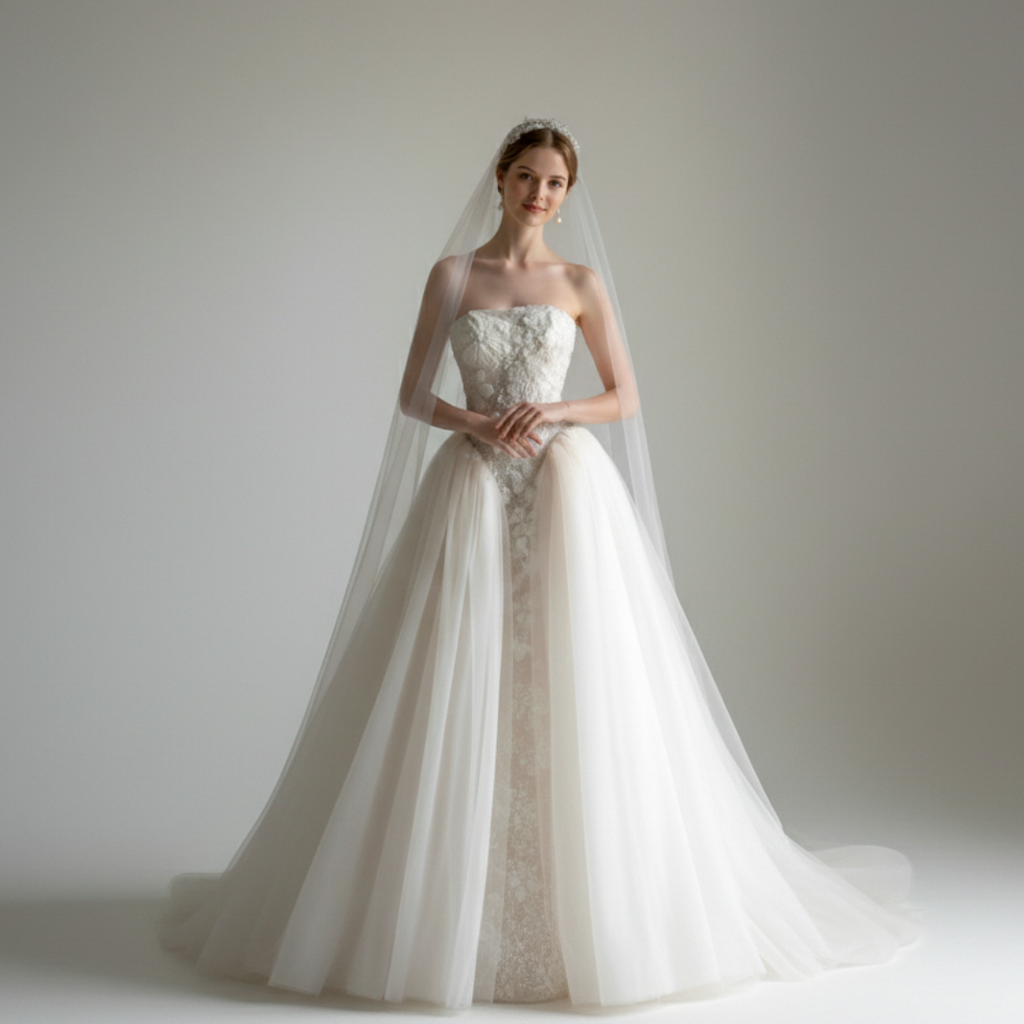 Strapless Lace Ball Gown with Layered Tulle Overskirt – Timeless Couture Elegance | Silque Brida