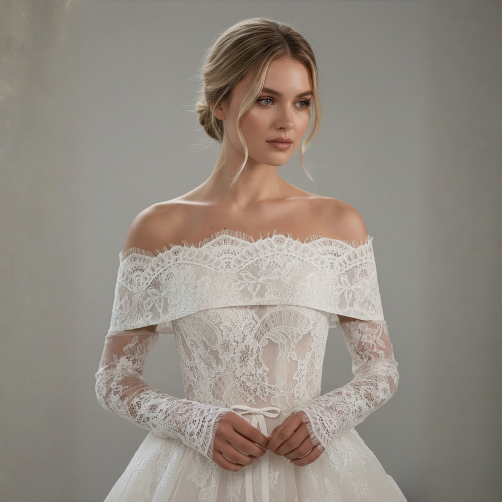 Off Shoulder Lace Wedding Dress with Long Sleeves – Romantic Corset Bridal Gown | Silque Bridal