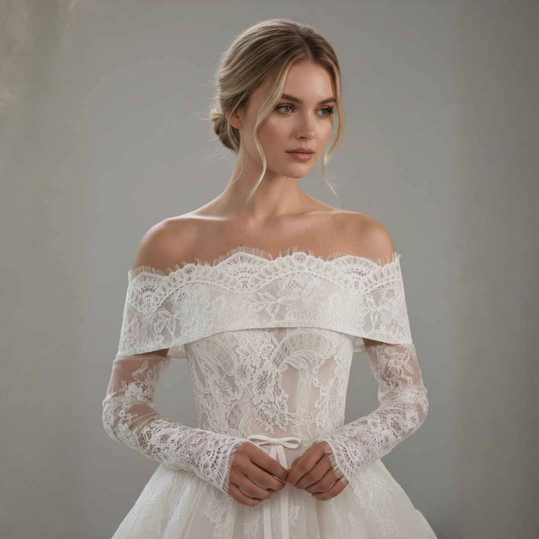 Off Shoulder Lace Wedding Dress with Long Sleeves – Romantic Corset Bridal Gown | Silque Bridal