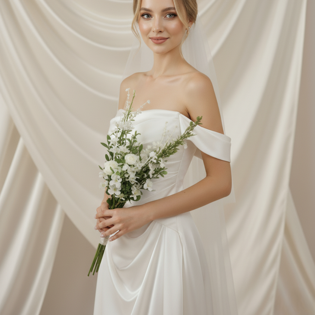 Off Shoulder Satin Wedding Dress – Simple Minimalist Fit and Flare Bridal Gown | Silque Bridal