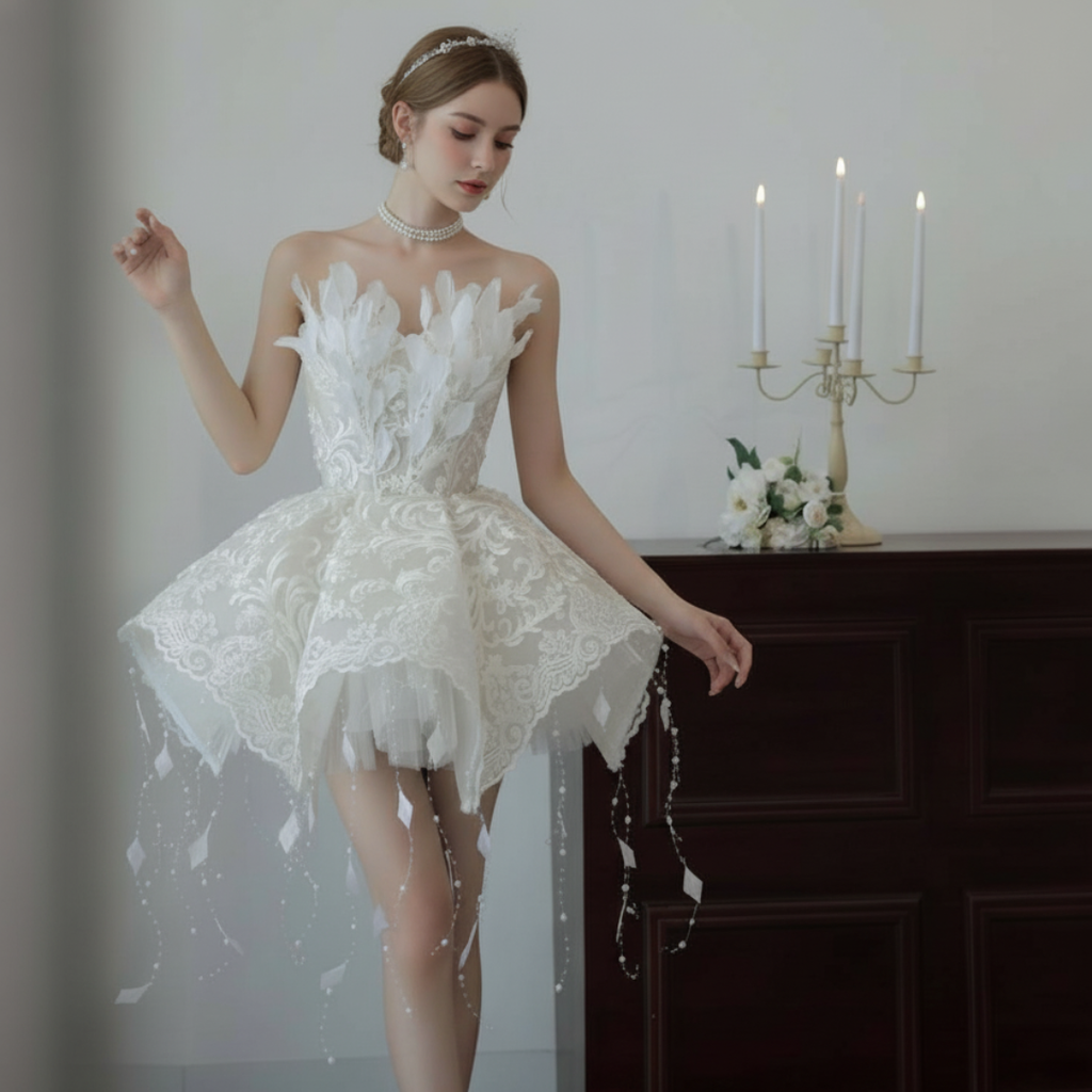 Feather and Lace Mini Wedding Dress – Couture Short Bridal Gown with Flared Skirt | Silque Mini Bridal Collection