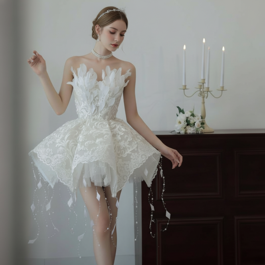 Feather and Lace Mini Wedding Dress – Couture Short Bridal Gown with Flared Skirt | Silque Mini Bridal Collection