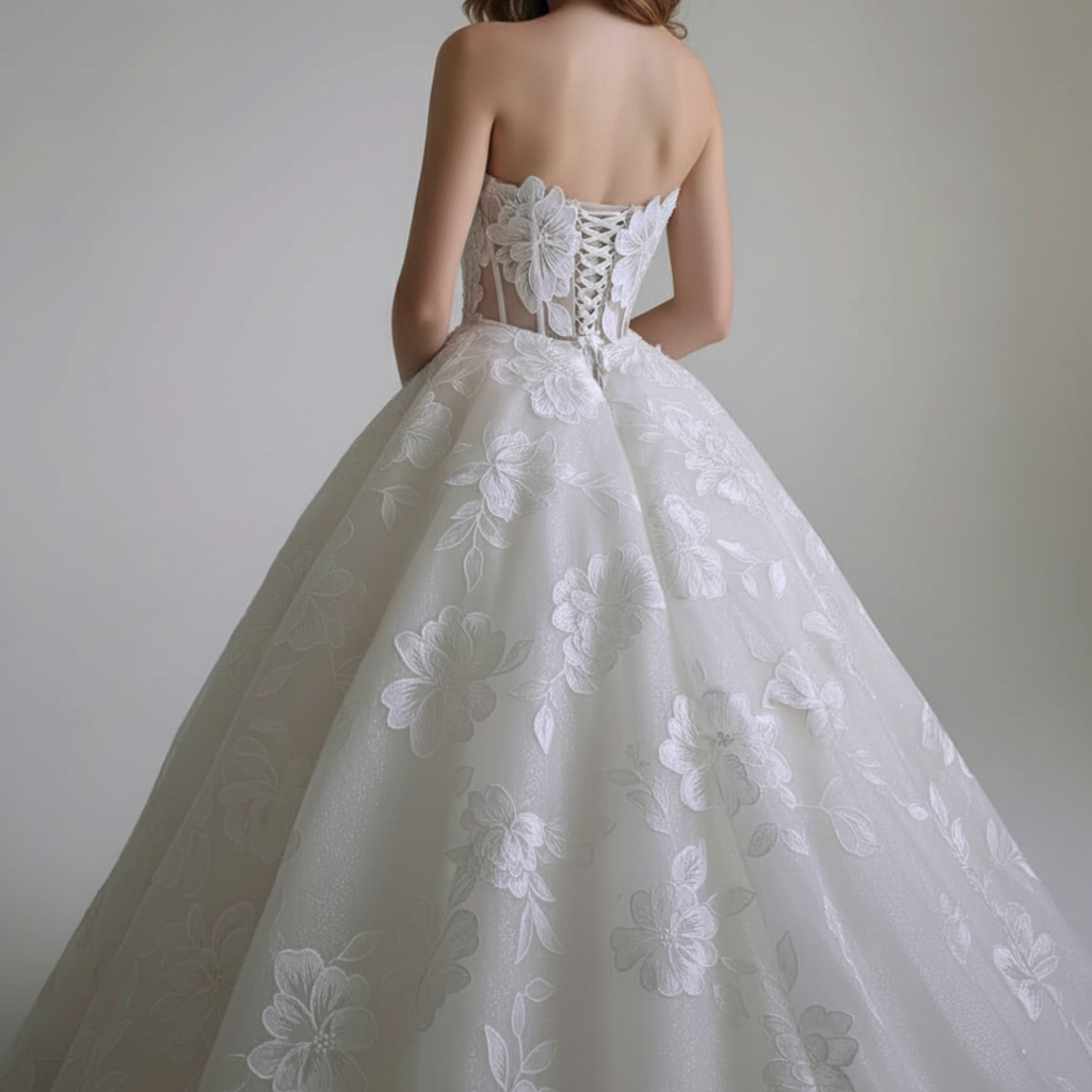 Exquisite Floral Ball Gown Wedding Dress – Diamond White | Silque Bridal