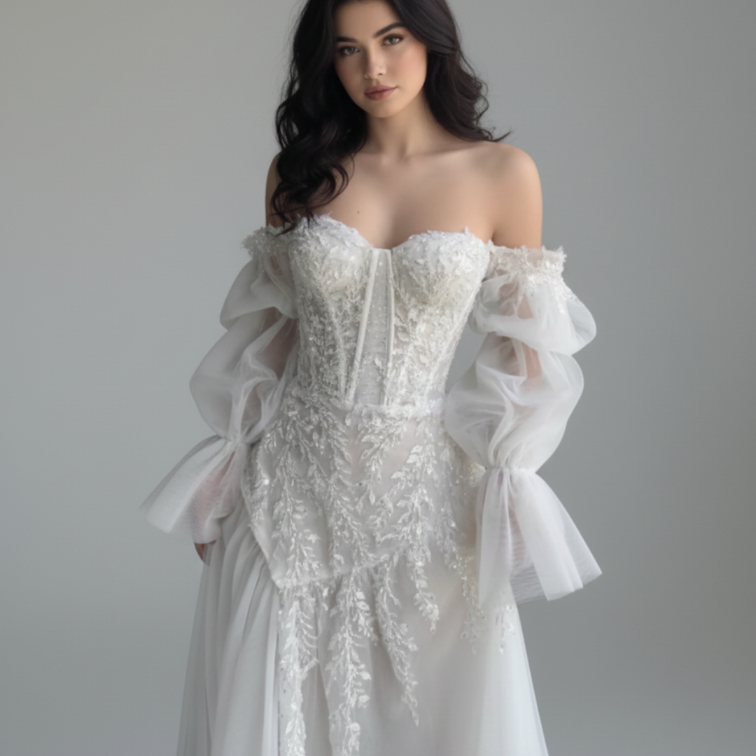 A-Line Corset Wedding Dress with Slit – 3D Lace Bridal Gown | Silque Bridal