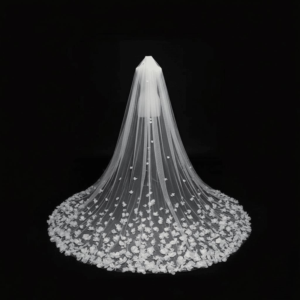 3D Floral Appliqué Cathedral Veil – Handcrafted Couture Veil | Silque - Wedding Accessories - SilqueBridal