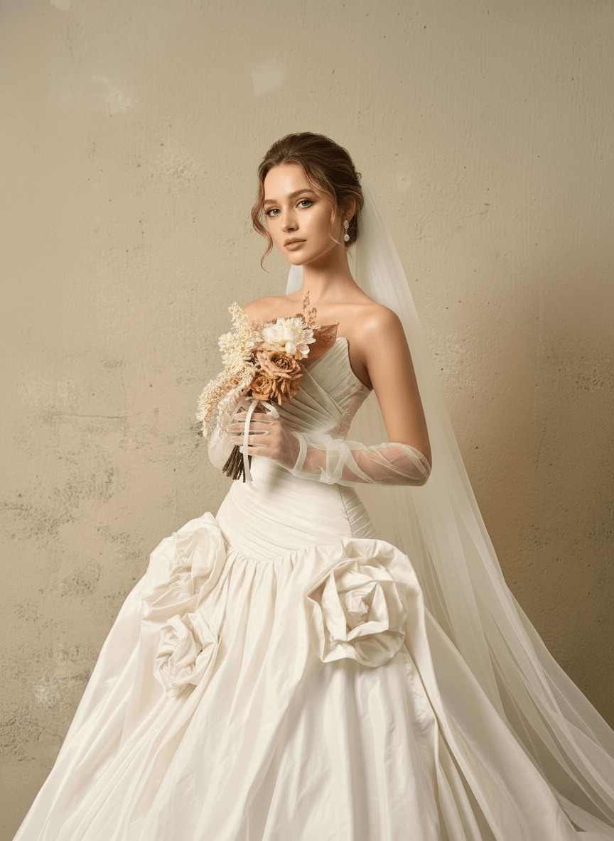 3D Floral Ball Gown Wedding Dress – Strapless Draped Bodice, Voluminous Skirt & Handcrafted Florals - Wedding Dress - SilqueBridal