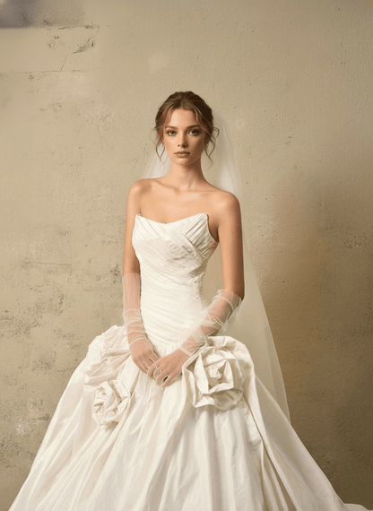 3D Floral Ball Gown Wedding Dress – Strapless Draped Bodice, Voluminous Skirt & Handcrafted Florals - Wedding Dress - SilqueBridal