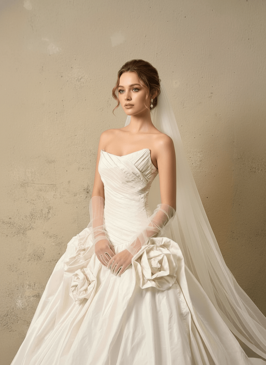 3D Floral Ball Gown Wedding Dress – Strapless Draped Bodice, Voluminous Skirt & Handcrafted Florals - Wedding Dress - SilqueBridal