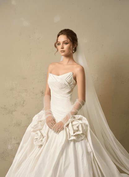 3D Floral Ball Gown Wedding Dress – Strapless Draped Bodice, Voluminous Skirt & Handcrafted Florals - Wedding Dress - SilqueBridal