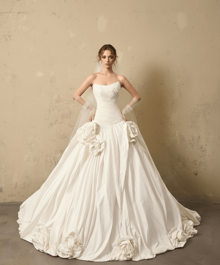 3D Floral Ball Gown Wedding Dress – Strapless Draped Bodice, Voluminous Skirt & Handcrafted Florals - Wedding Dress - SilqueBridal