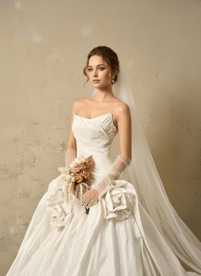 3D Floral Ball Gown Wedding Dress – Strapless Draped Bodice, Voluminous Skirt & Handcrafted Florals - Wedding Dress - SilqueBridal