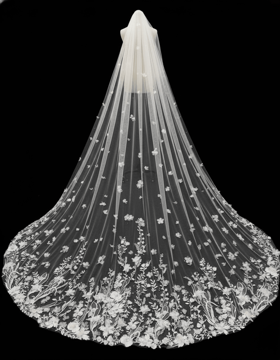 3D Floral Lace Cathedral Veil – Hand - Appliqué Wedding Veil | Silque - Wedding Accessories - SilqueBridal