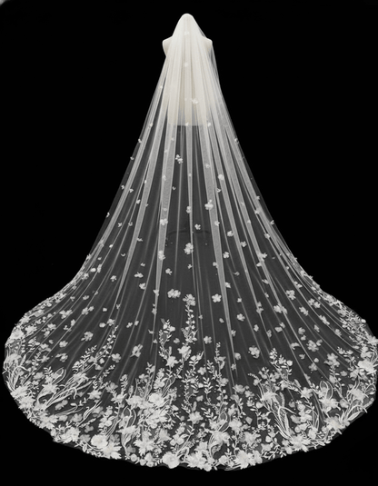 3D Floral Lace Cathedral Veil – Hand - Appliqué Wedding Veil | Silque - Wedding Accessories - SilqueBridal