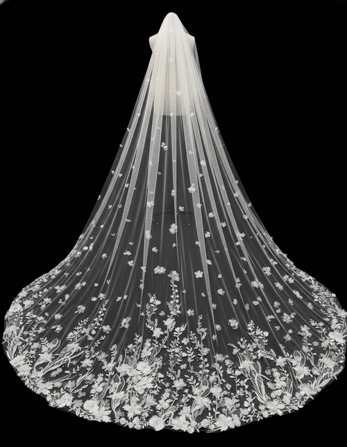 3D Floral Lace Cathedral Veil – Hand - Appliqué Wedding Veil | Silque - Wedding Accessories - SilqueBridal