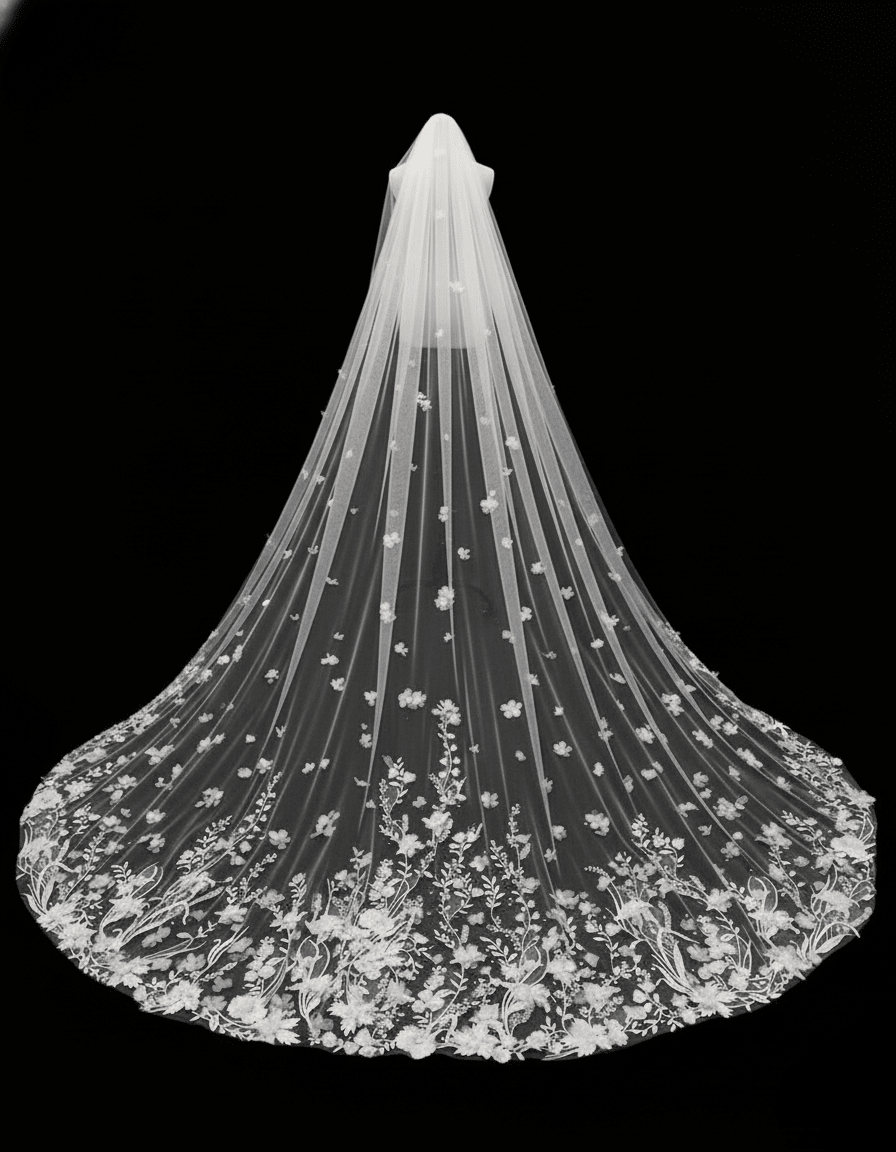 3D Floral Lace Cathedral Veil – Hand - Appliqué Wedding Veil | Silque - Wedding Accessories - SilqueBridal