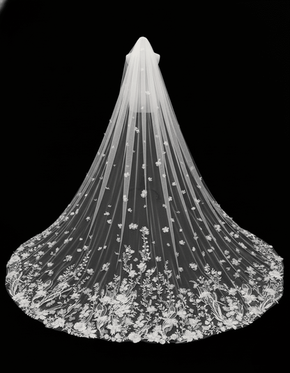 3D Floral Lace Cathedral Veil – Hand - Appliqué Wedding Veil | Silque - Wedding Accessories - SilqueBridal