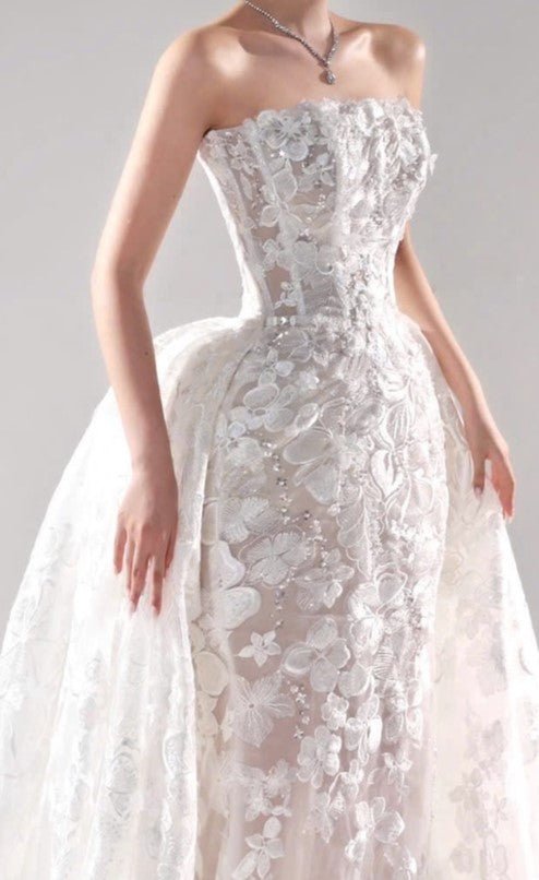 3D Floral Lace Mermaid Wedding Dress – Strapless Illusion Bodice & Detachable Overskirt - Wedding Dress - SilqueBridal