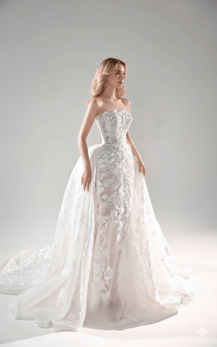 3D Floral Lace Mermaid Wedding Dress – Strapless Illusion Bodice & Detachable Overskirt - Wedding Dress - SilqueBridal