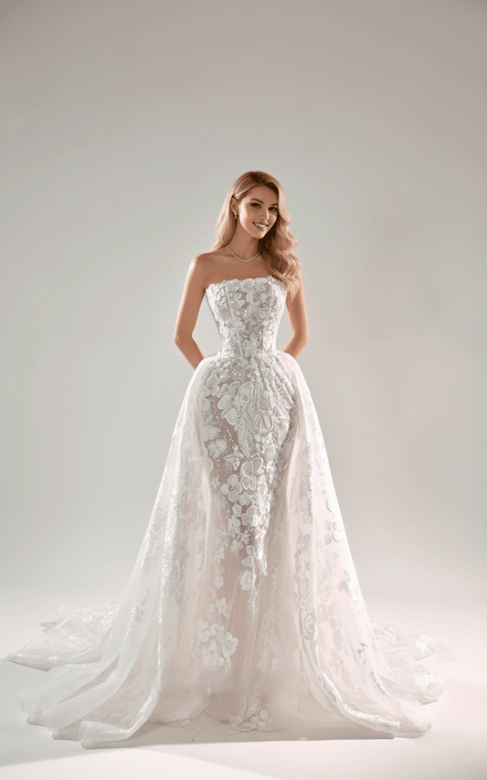 3D Floral Lace Mermaid Wedding Dress – Strapless Illusion Bodice & Detachable Overskirt - Wedding Dress - SilqueBridal