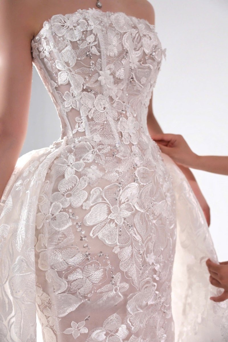 3D Floral Lace Mermaid Wedding Dress – Strapless Illusion Bodice & Detachable Overskirt - Wedding Dress - SilqueBridal