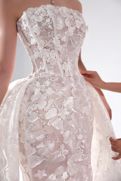 3D Floral Lace Mermaid Wedding Dress – Strapless Illusion Bodice & Detachable Overskirt - Wedding Dress - SilqueBridal