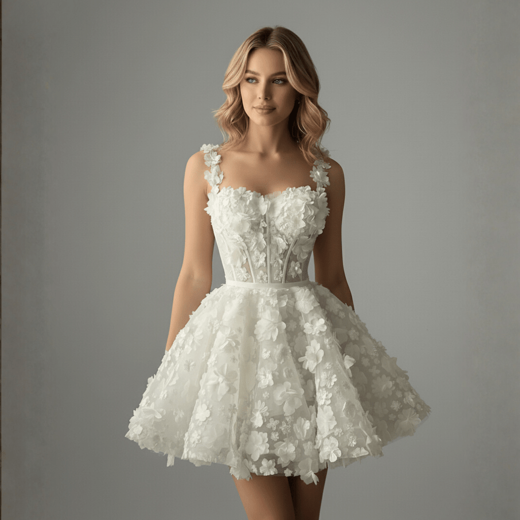 3D Floral Mini Corset Wedding Dress – Short Lace Bridal After - Party Gown | Silque Mini Bridal Couture Collection - Wedding Dress - SilqueBridal