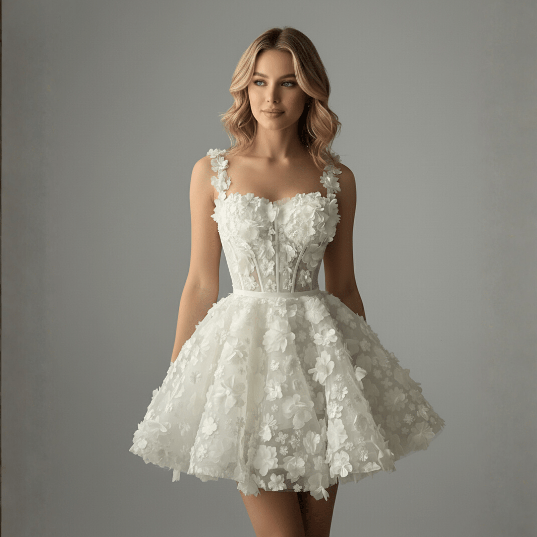 3D Floral Mini Corset Wedding Dress – Short Lace Bridal After - Party Gown | Silque Mini Bridal Couture Collection - Wedding Dress - SilqueBridal
