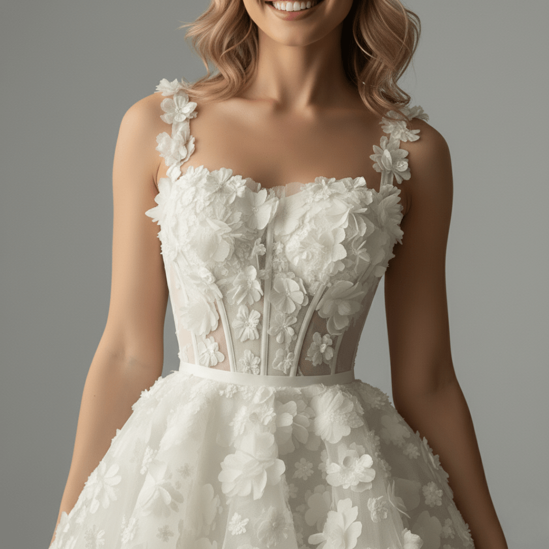 3D Floral Mini Corset Wedding Dress – Short Lace Bridal After - Party Gown | Silque Mini Bridal Couture Collection - Wedding Dress - SilqueBridal
